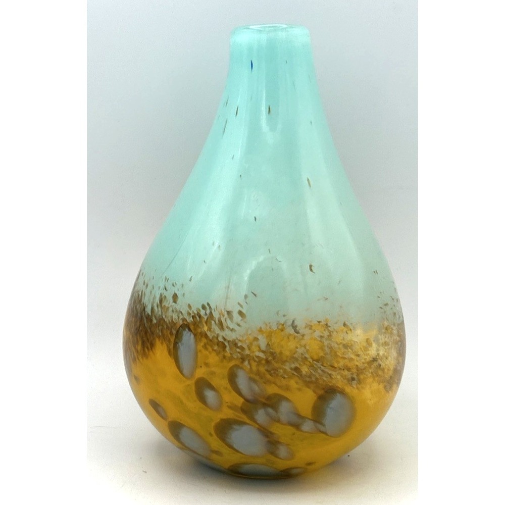 Art Glass Vase Blue and Yellow Gold Speckled Modern 7.25"